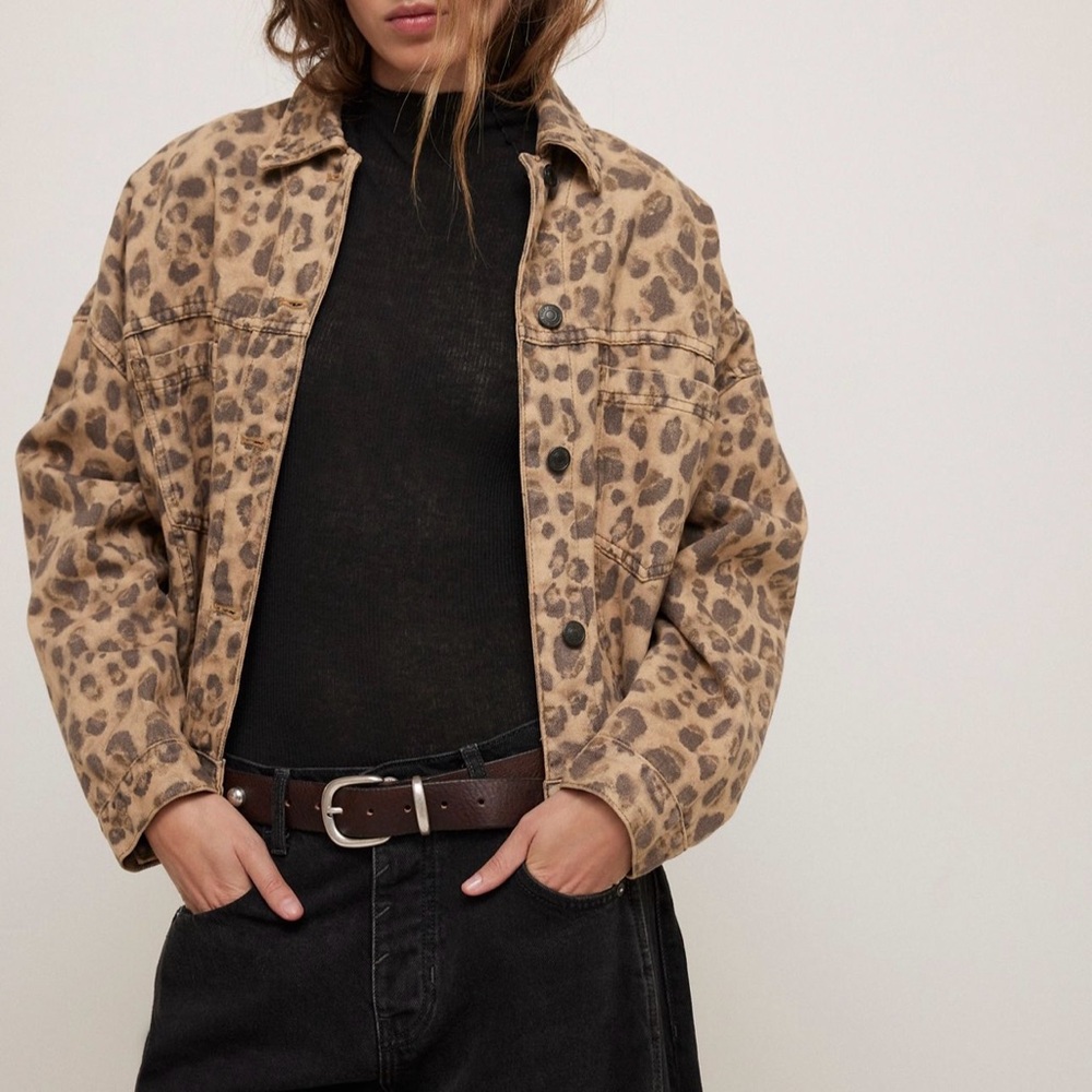 Free People Opal Swing Denim Jean Jacket Leopard NWT Sz XS Retail $128